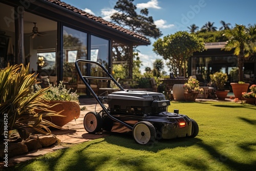 A lawn mower near a one-story house with an evenly mowed lawn illuminated by the morning sun