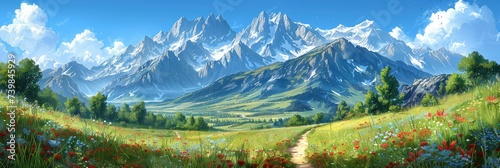 Landscape with grass and mountains