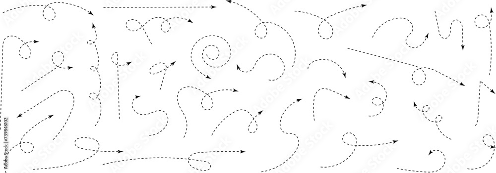 Hand drawn dotted arrows. Curved dotted arrow. Zigzag arrow stripes design with dotted lines. Doodle, sketch style. Isolated Vector illustration.