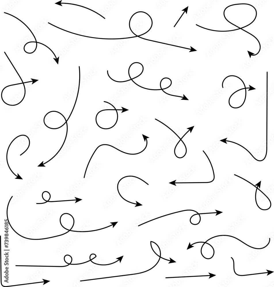 Hand drawn arrows. Simple curved arrows set isolated on white background. Zigzag arrow stripes design with lines. Doodle, sketch style. Vector illustration. Hand drawn arrows. Simple curved arrows set isolated on white background. Zigzag arrow stripes design with lines. Doodle, sketch style. Vector illustration.