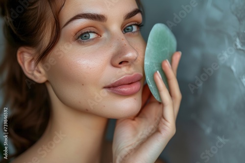 A beautiful young woman is taking care of her face and doing a massage with a jade gua sha scraper. Chinese, Asian massage rejuvenation. Natural. Smooth skin photo