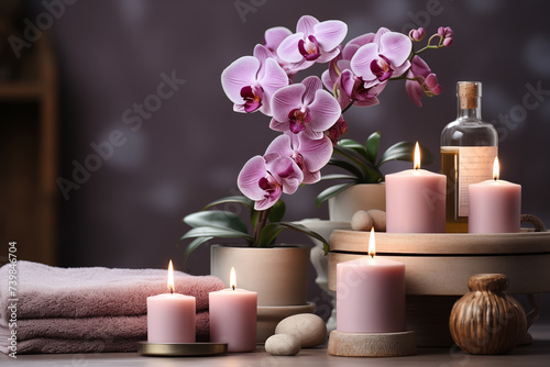 Beautiful spa composition with lily on brown background. Couple Towels With Candles And Orchid For Natural Massage