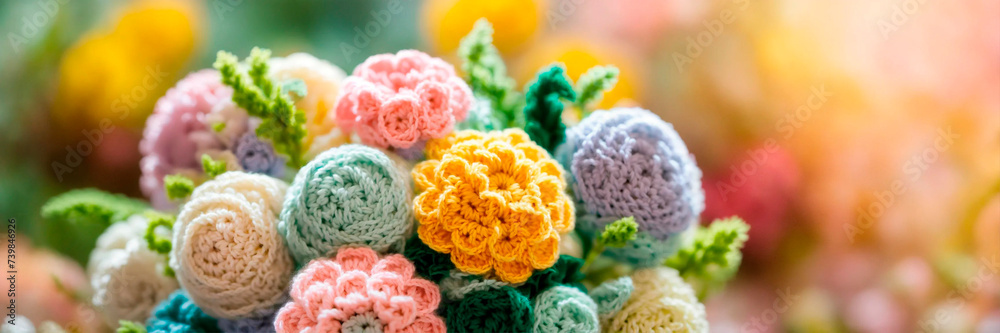 Crochet bouquet of flowers. Selective focus. Crochet bouquet of flowers. Selective focus.