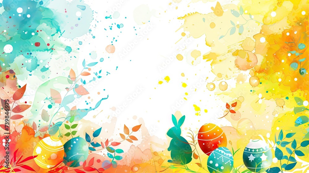 Fototapeta premium easter theme background, beautiful watercolor design with eggs and bunny and leaves 