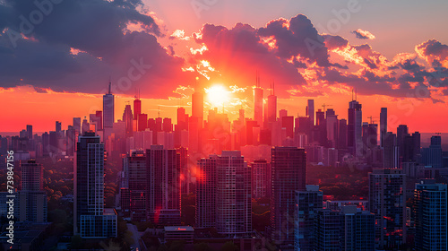 A city skyline  with skyscrapers bathed in the warm glow of the setting sun as the background  during a rooftop party celebrating the summer solstice