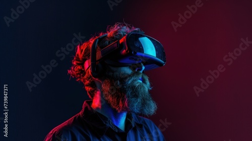 A man, a guy sits on a bright background wearing VR glasses and smiles. Advertising background with copy space, concept of virtual reality, games, training.