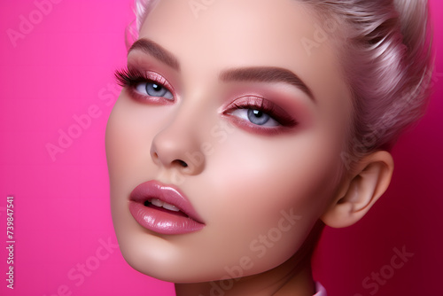 Close up of face of beautiful woman with pink makeup in front of studio background