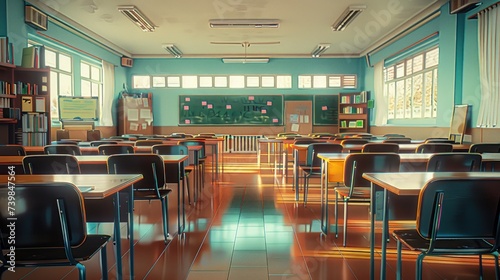 Interior Of A School Classroom With Desks, Chairs And Posters On The Walls