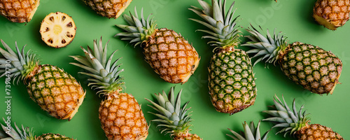 An array of ripe, golden pineapples artistically scattered against a soft, light green backdrop. The intricate patterns and vibrant hues of the pineapples stand out, embodying a fresh.