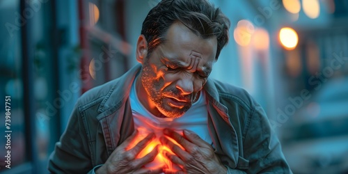 A man in pain holding his chest against a blurry background. Concept Medical Emergency, Heart Attack, Healthcare, Pain Management © Ян Заболотний