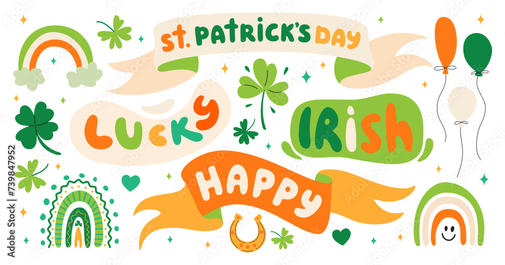 Happy Saint Patrick's day set. Ribbon banners with Groovy title. Festive bubbles with text, rainbow. Happy Saint Patrick's day set. Ribbon banners with Groovy title. Festive bubbles with text, rainbow.