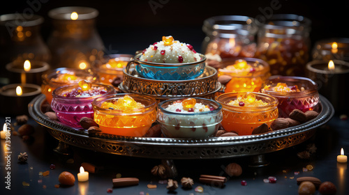 Assorted colorful Indian desserts garnished with dry fruits, accompanied by lit oil lamps, create warm festive ambiance photo