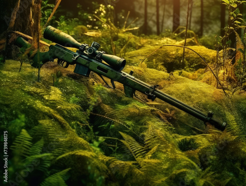 A rifle lies abandoned in the middle of a dense forest, surrounded by trees and undergrowth. The scene appears undisturbed, leaving questions about its presence