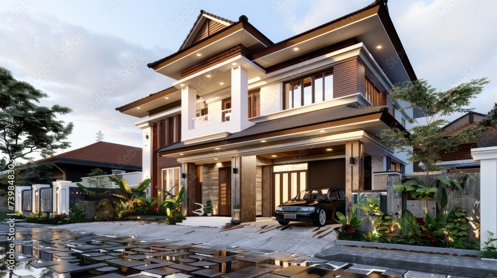 modern front exterior home design in the style with car porch