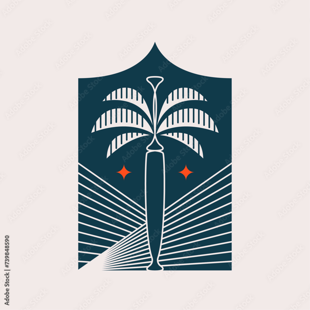 Palm tree arch frame thin line icon abstract design summer logo template modern minimal linear emblem for vacations rentals and travel services. Vector illustration
