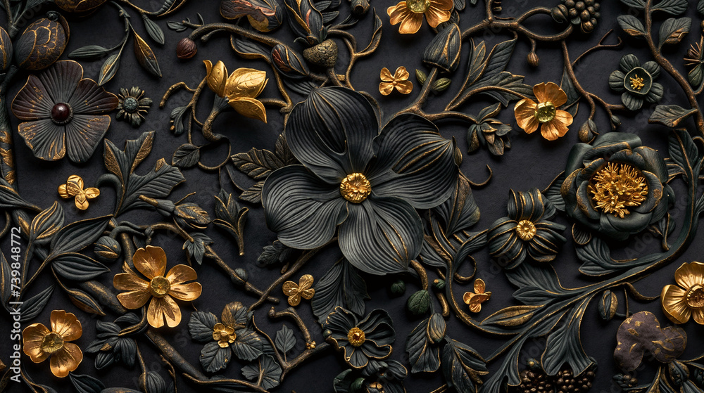 Botanical Metal Artwork with Golden Highlights