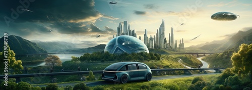 Future of sustainable transportation, with electric cars and flying cars coexisting in a green and clean cityscape, Futuristic city with sustainable development, harmonious urban planning photo