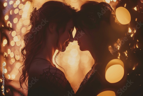 Tender Silhouette of a Lesbian Couple Against a Warm Backdrop of Fairy Lights