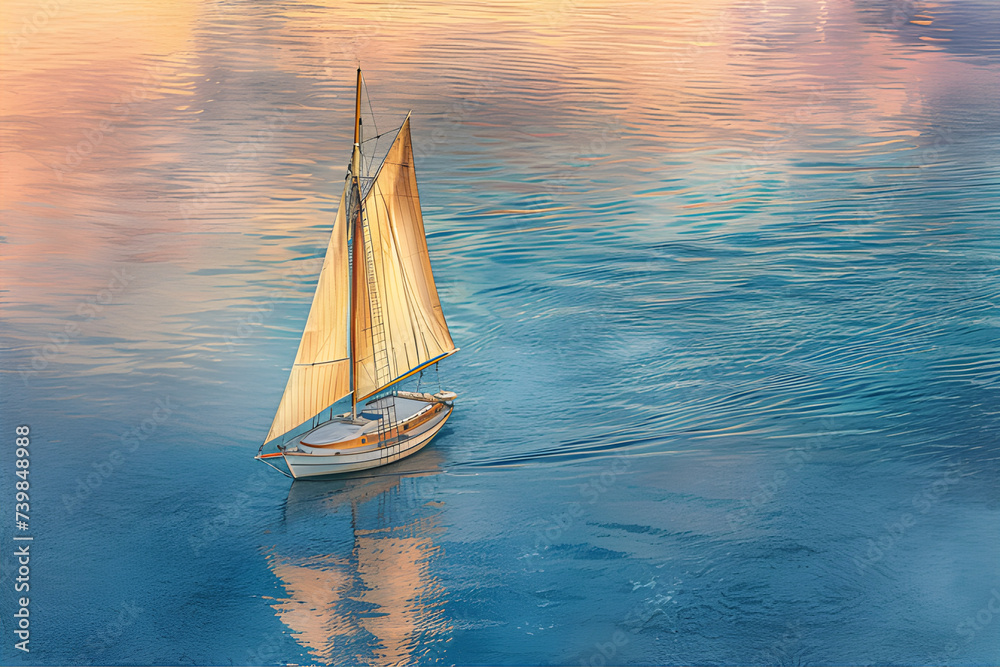 A photograph of a wooden sailboat gliding through calm waters at sunset, capturing warm hues and play of light on intricate details.