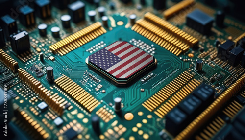 USA flag on a processor, CPU or microchip on a motherboard. Concept for the battle of global microchips production.