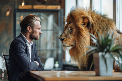 business man meeting with a lion for deal business, brave and against big deal photo photo