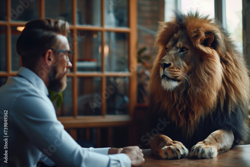 business man meeting with a lion for deal business, brave and against big deal photo