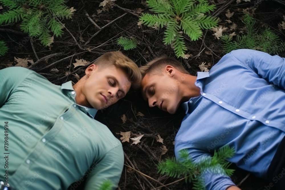 two muscular handsome caucasian gay men laying on forest ground, athletic couple detailed facial features two muscular handsome caucasian gay men laying on forest ground, athletic couple detailed facial features