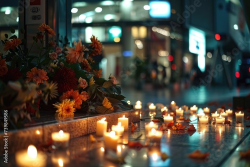 Candles and autumn flowers on city street at night. Evening urban memorial scene with floral tribute and lit candles photo