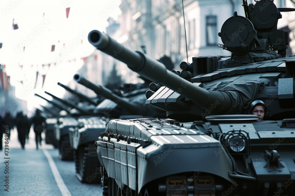 Military Parade Showcasing Row of Armored Tanks in Urban Setting - obrazy, fototapety, plakaty 