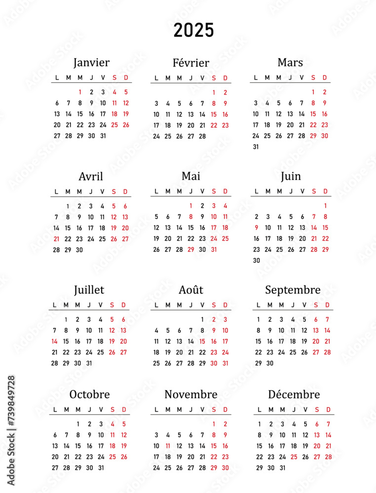 Calendar 2025 in french language with french holidays. Vector illustration Calendar 2025 in french language with french holidays. Vector illustration