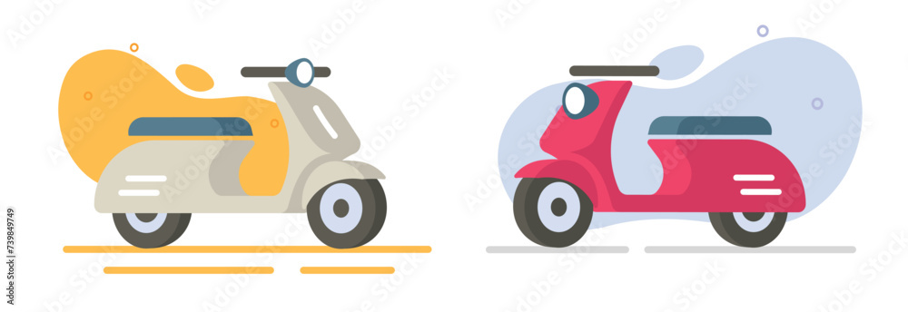 Scooter motor icon flat cartoon vector graphic illustration set, red yellow white small motorcycle moped bike isolated old retro vintage modern design, front side view 3d motorbike image clipart