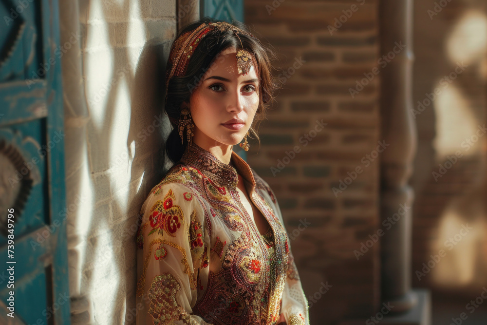 Timeless Grace: Woman in Traditional Central Asian Attire with Intricate Embroidery