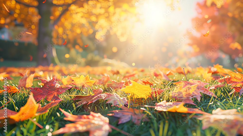 Brown maple leaves laying on the grass in autumn