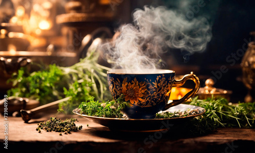 plate with herbs and incense on a forest background. Selective focus.