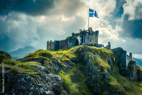 A Scottish flag flutters atop castle ruins, capturing the ongoing debate on independence with vibrant colors and a high angle view.