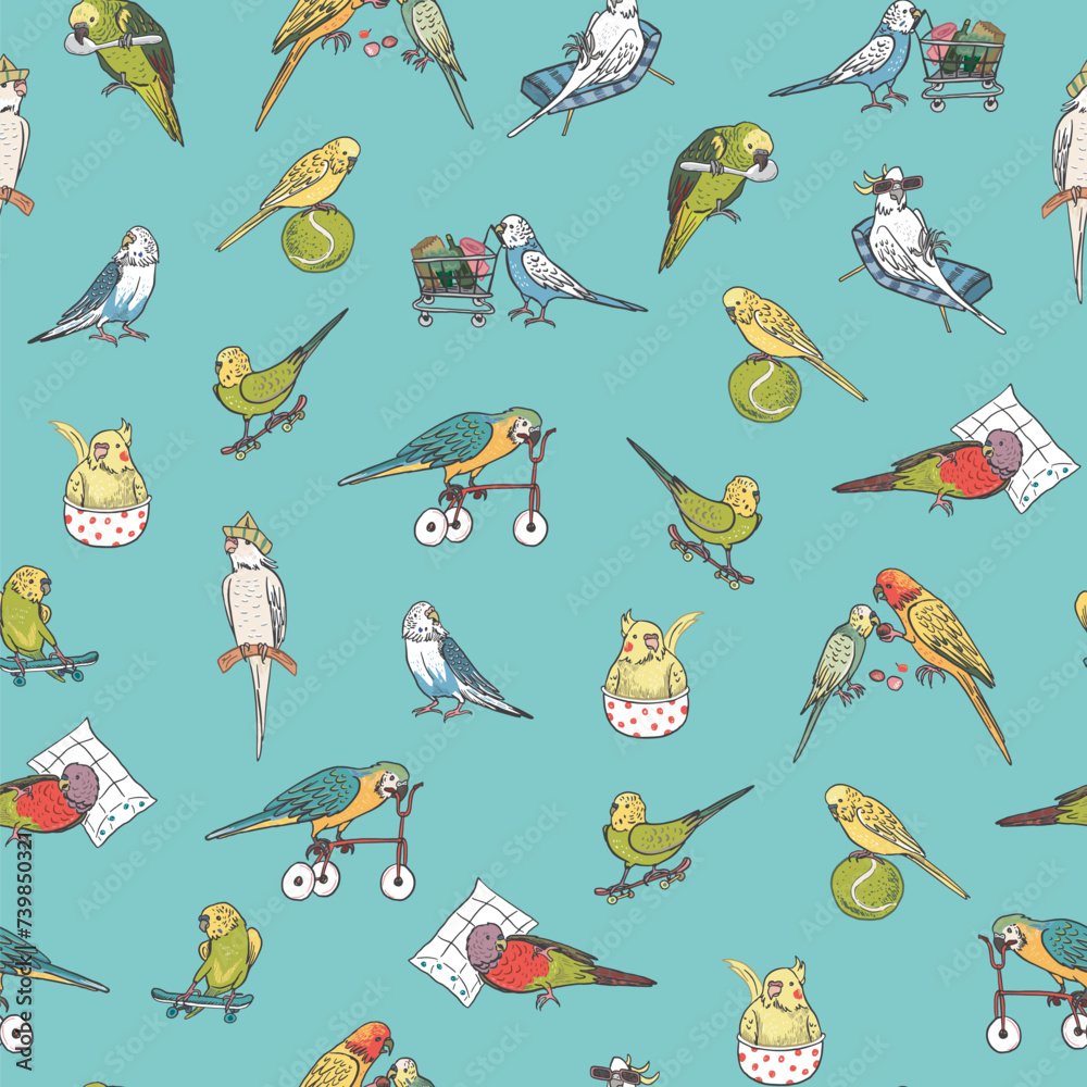 Obraz premium Parrots birds pets vector seamless pattern.