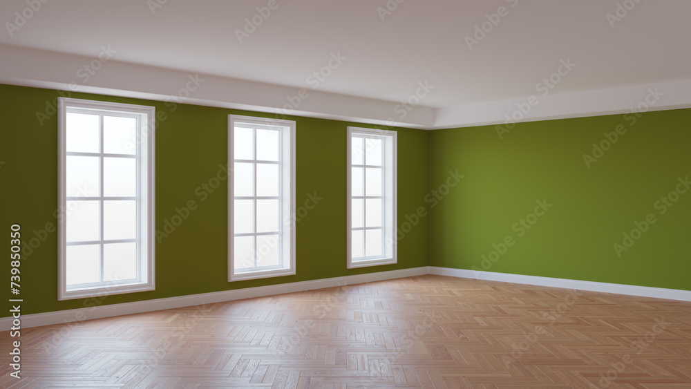 Obraz premium Empty Interior of the Room with Khaki Stucco Walls, Three Large Windows, Glossy Herringbone Parquet Floor and a White Plinth. Concept of the Unfurnished Interior. 3D Rendering, 8K Ultra HD, 7680x4320
