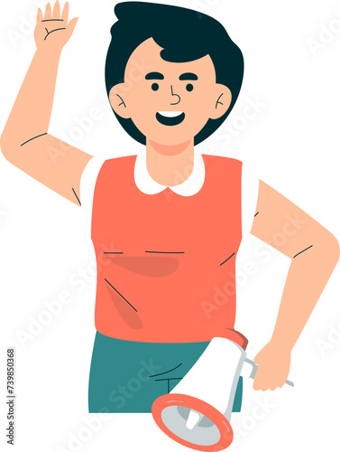 Konstfotografi Man character raises fist hand holding megaphone supporting social democracy cam
