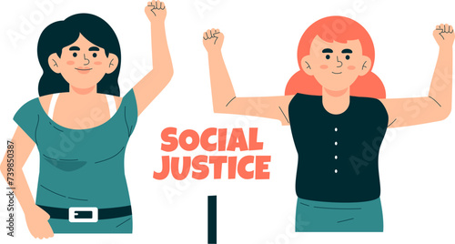 Women's character raising fist hand holding posters sign board calling for revolution fight social injustice on world social justice day