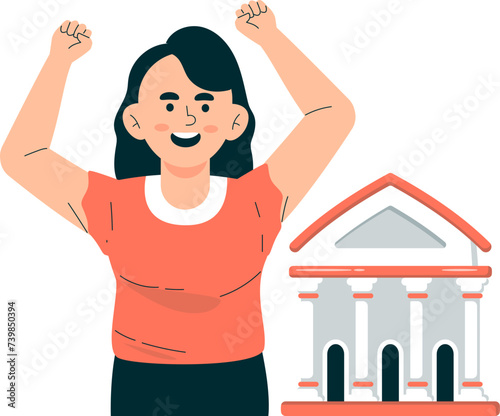 Female mass character raising fists hands support social democracy in front of courthouse building on world social justice day