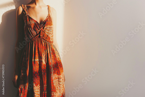 Bohemian Summer Dress with Warm Patterns Bathed in Soft Sunlight