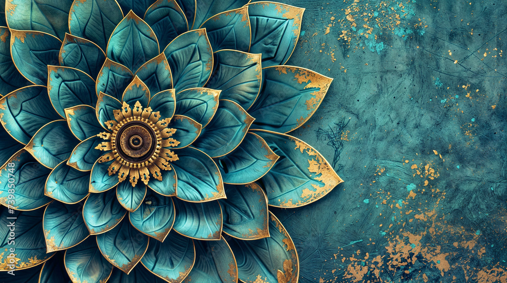 Ornate Metallic Floral Bas-Relief with Aqua and Gold Tones Ornate Metallic Floral Bas-Relief with Aqua and Gold Tones