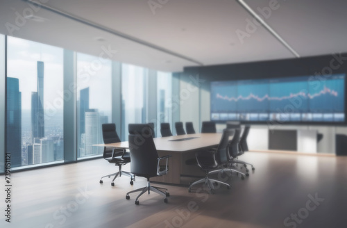 Defocused abstract Conference Room with big desk table  presentation TV  Infographics  Statistics  Graphs. E-Commerce Startup. Blurred empty modern city office. Business open space interior. Finance