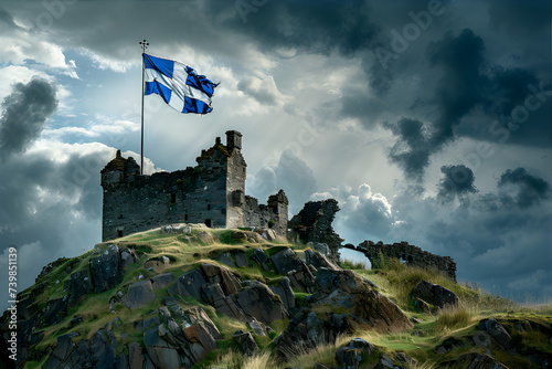 A Scottish flag flutters atop castle ruins, reflecting the ongoing debate on independence with vibrant colors and dramatic lighting. photo