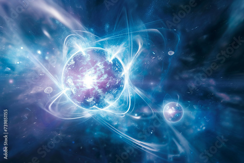 large atom model on blurred  blue background  futuristic fractal patterns  nanopunk