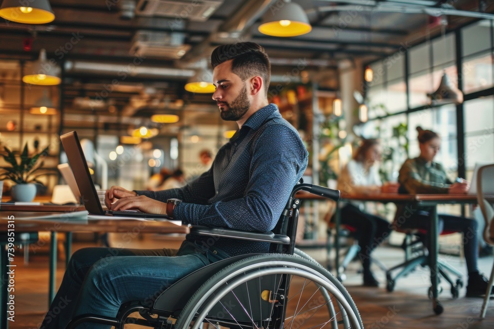 Young man in a wheelchair working on a laptop in a modern office environment. Disabilities in the workplace concept.
Young man in a wheelchair working on a laptop in a modern office environment. Disabilities in the workplace concept.