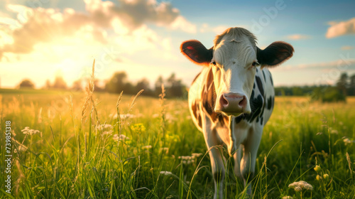 Close-up of a cow walking and grazing in a green valley. Concept of nature, agriculture.