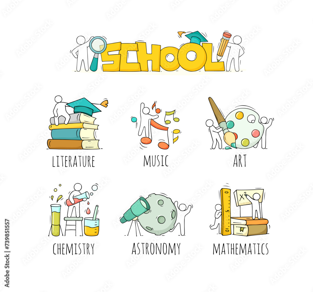 Fototapeta premium School subjects icons with symbols of music, literature, art and chemistry.