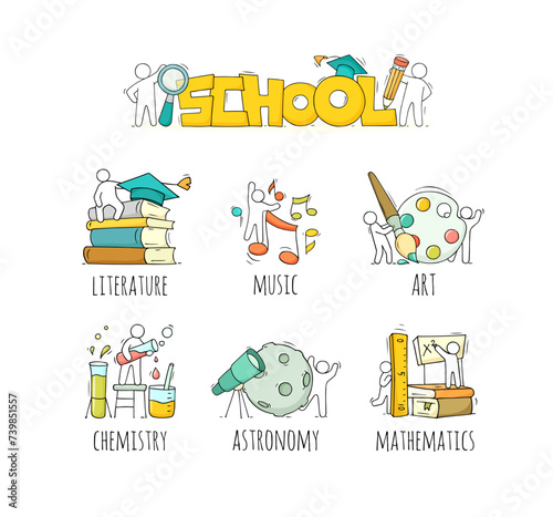 School subjects icons with symbols of music, literature, art and chemistry.