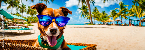 dog with glasses on a background of palm trees. Selective focus.